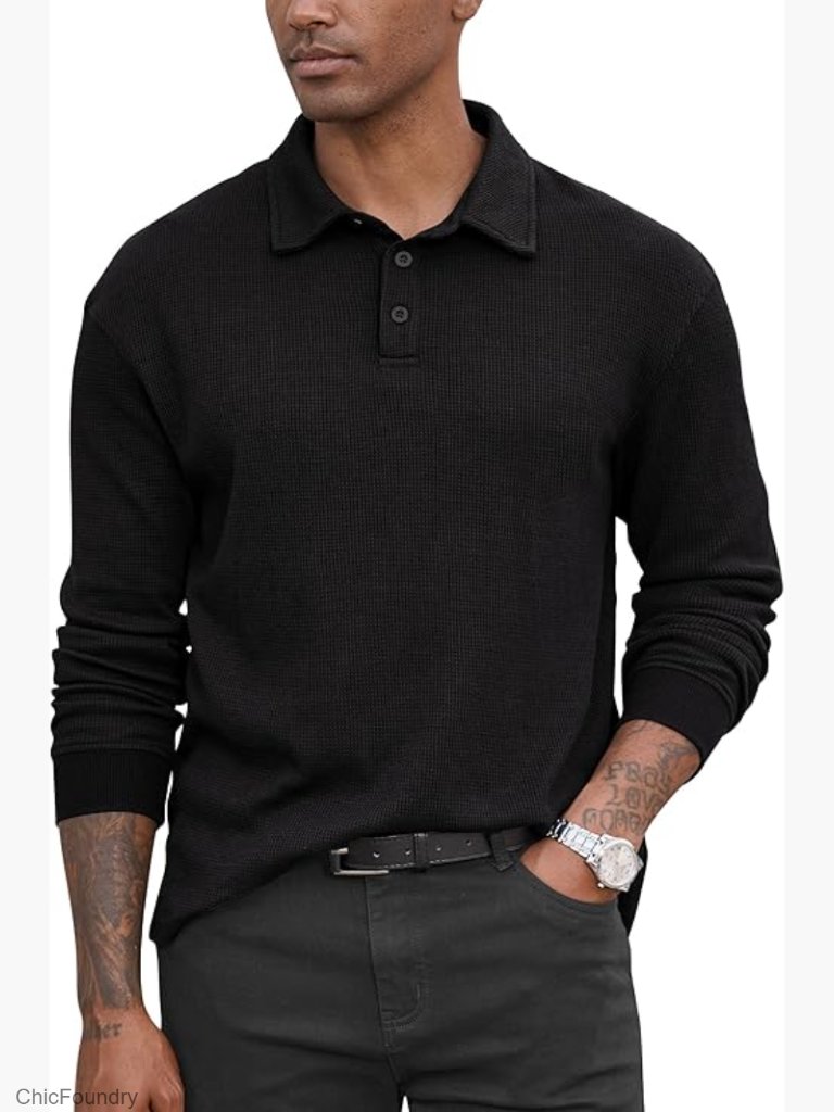 Men's Waffle Polo Stretch Textured Casual Loose Fit Collared Pullover